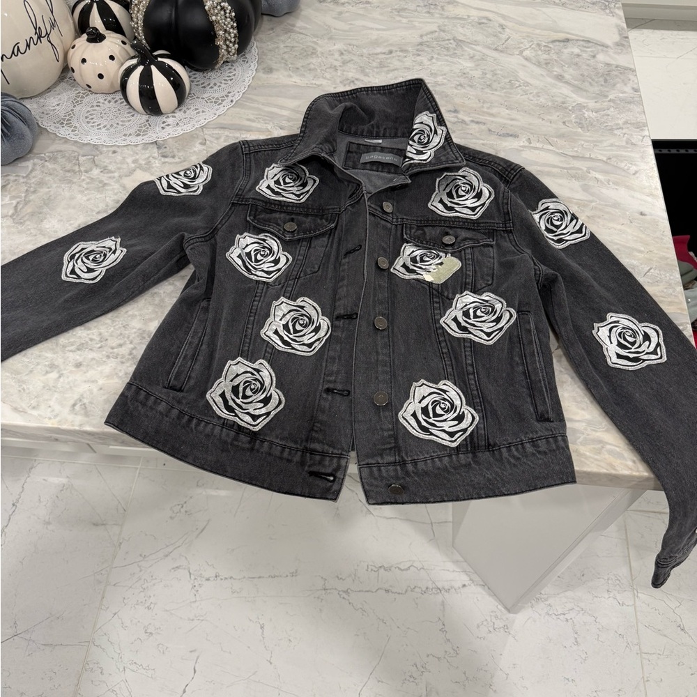 Bagatelle Charcoal Jean Jacket with Rose Design